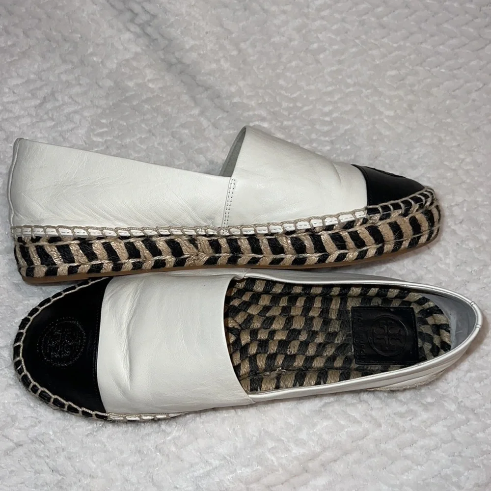 Tory Burch Colour Block Logo Platform Espadrilles Size 9m Black White Leather